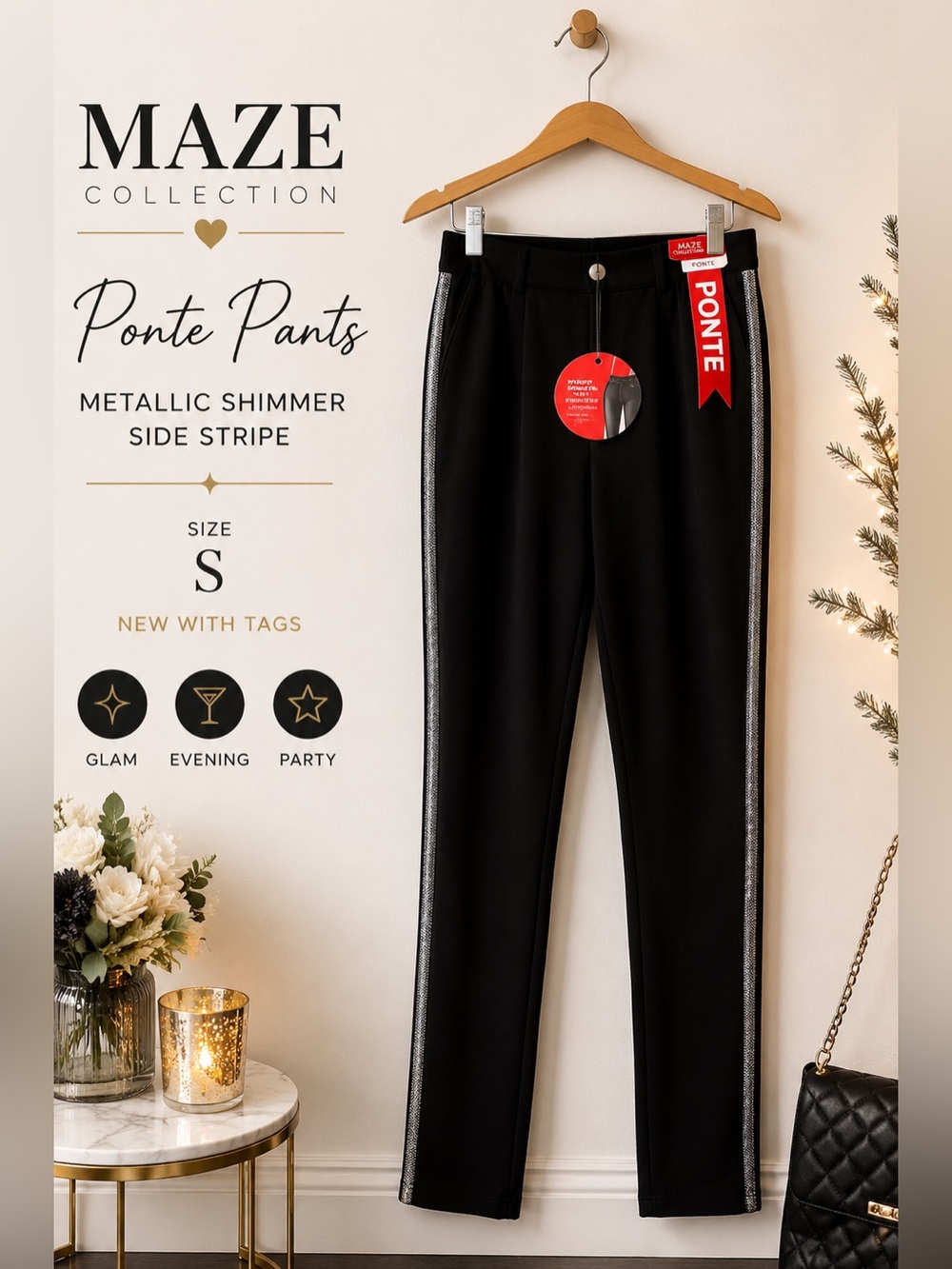 MAZE Collection Levanta Cola Ponte Pants Metallic Shimmer Stripe Small